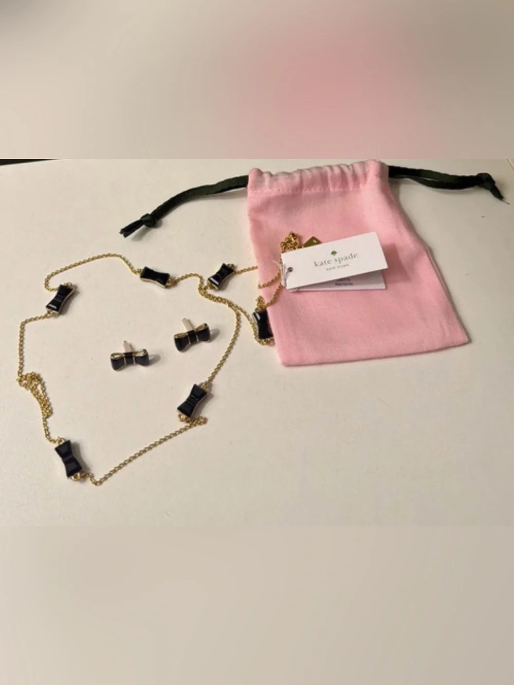 Kate Spade Jackpot Jewels Black Gold Bow Necklace and Earrings Set Dustbag NWT